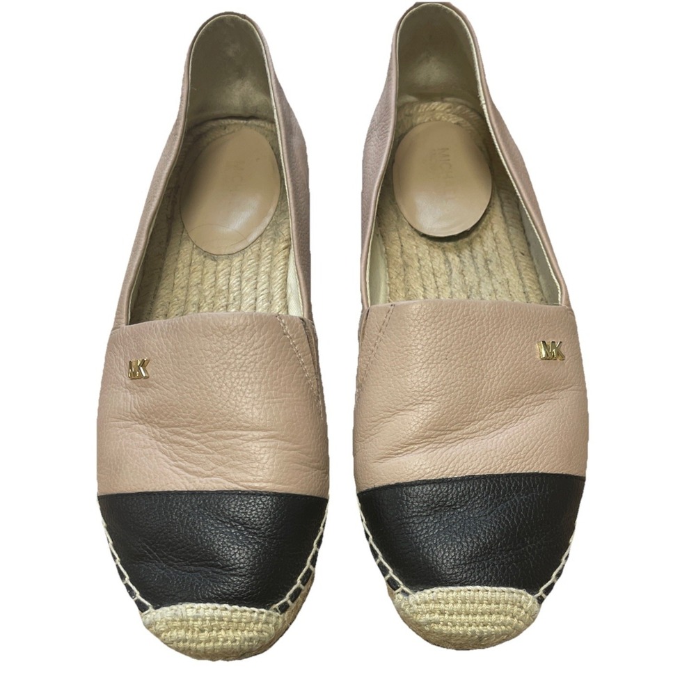MICHAEL KORS KENDRICK LEATHER TAN BLACK COLORBLOCK ESPADRILLES SHOES SZ 8.5